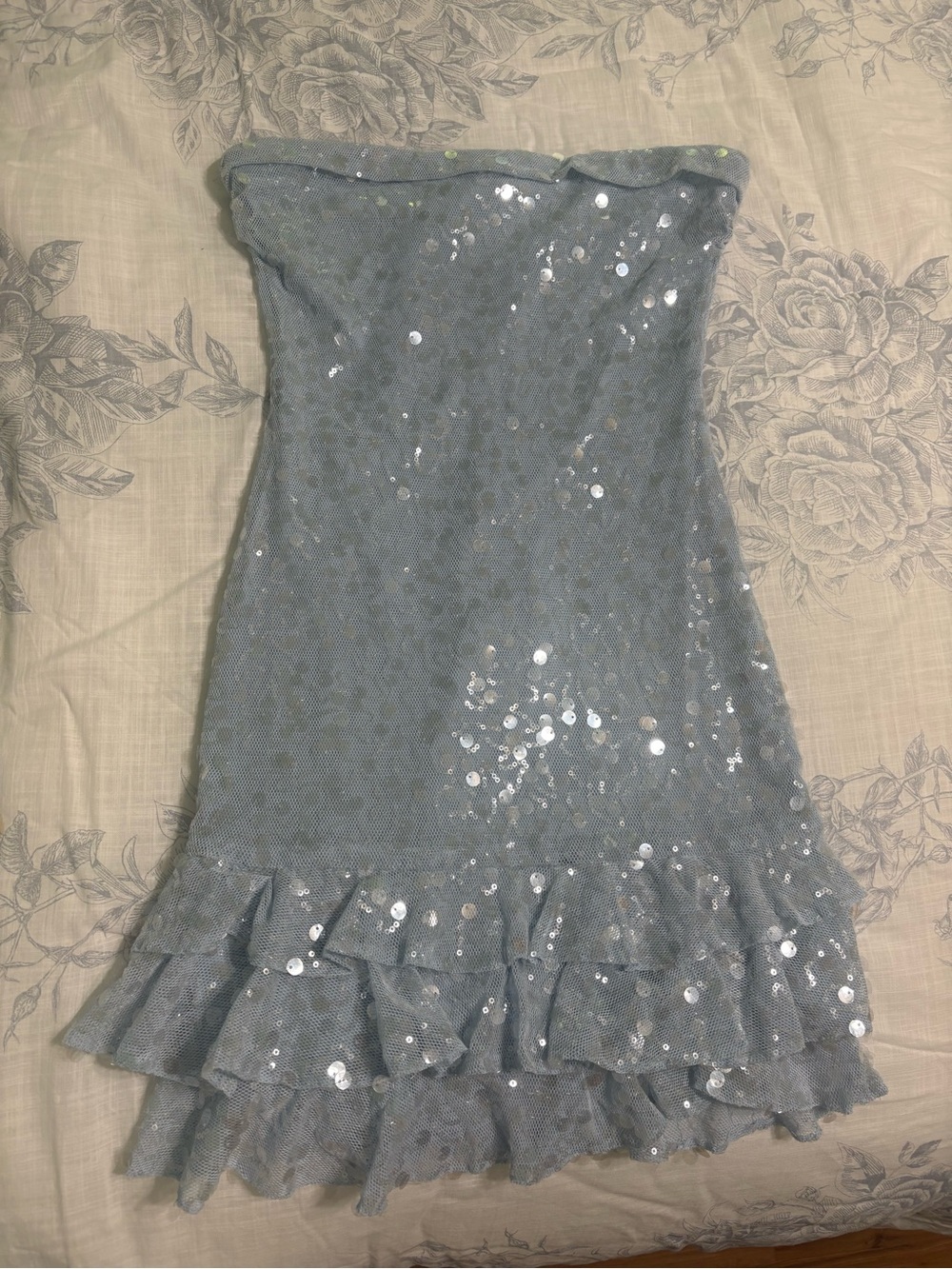 Girls' Light Blue Sequin Strapless Dress with Ruffle Hem